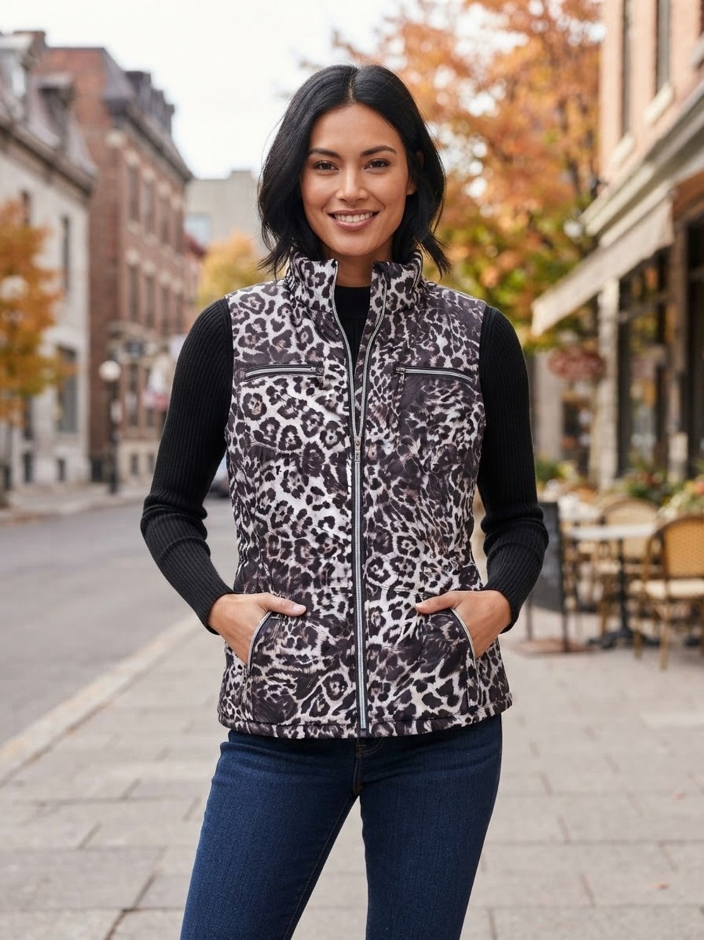 Studio Works Sport Women's Puffer Vest - Black & White Animal Print (Size M)